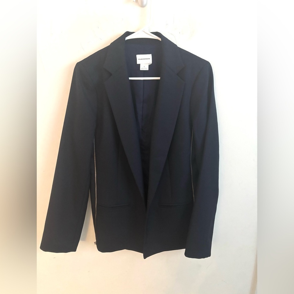 Club Monaco womens blazer black tailored Sz 6 Wool blend Sides zippers designer